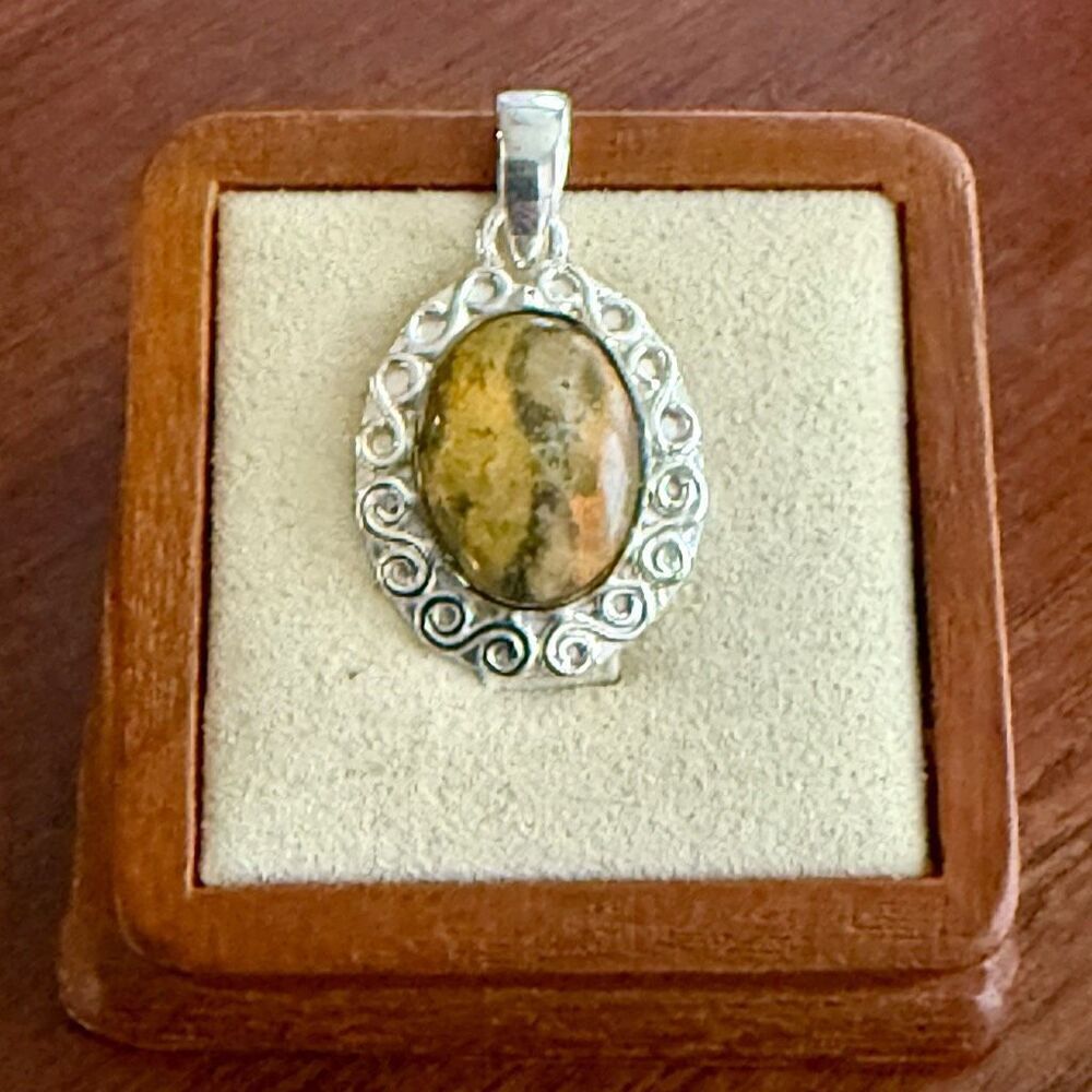 Bumble Bee Jasper Necklace Pendant Southwest Artisan Oval Framed Sterling Silver